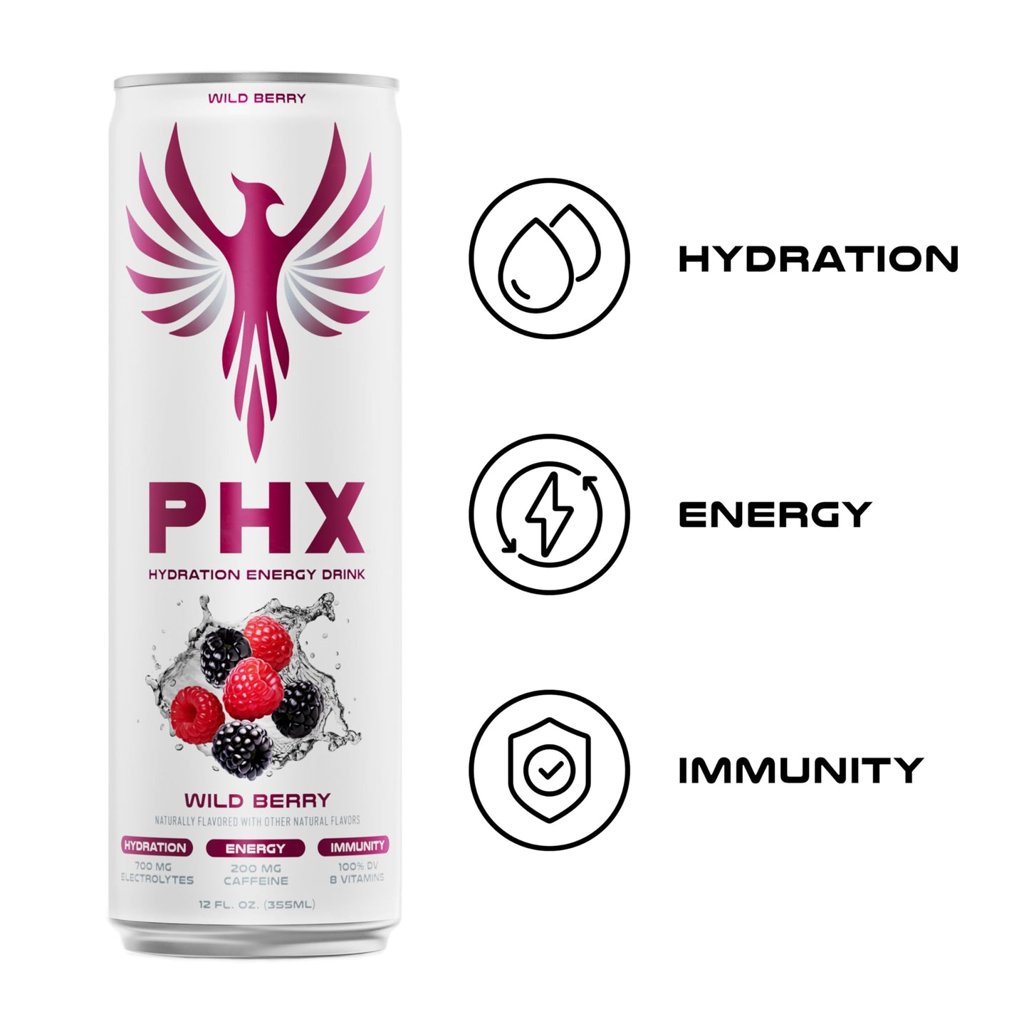 PHX Hydration Energy Drink - 700mg Electrolytes, 200mg Natural Green Tea Caffeine, 100% Daily Value 8 Essential Vitamins - 12 oz Cans (12 Pack) (12