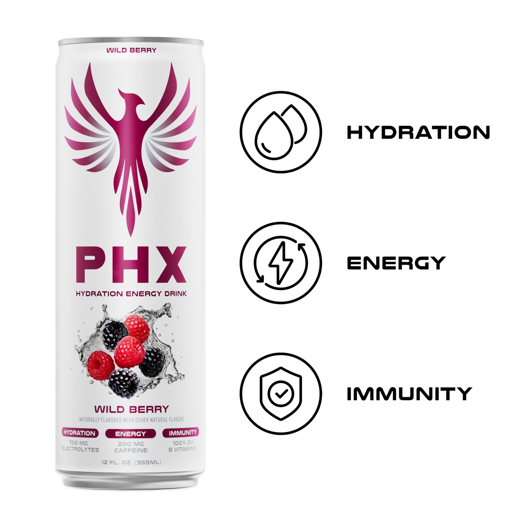 PHX Hydration Energy Drink - 700mg Electrolytes, 200mg Natural Green Tea Caffeine, 100% Daily Value 8 Essential Vitamins - 12 oz Cans (12 Pack) (12