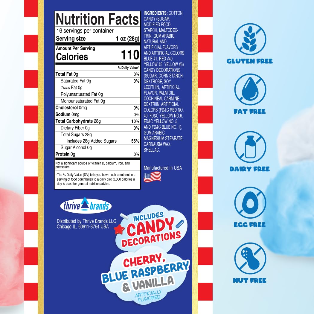 PartyPuffs Jumbo Cotton Candy Cake 13oz - Slices Like Real Cake - Strawberry Vanilla Blue Raspberry - Ready to Serve Gluten-Free Dessert for Birthdays