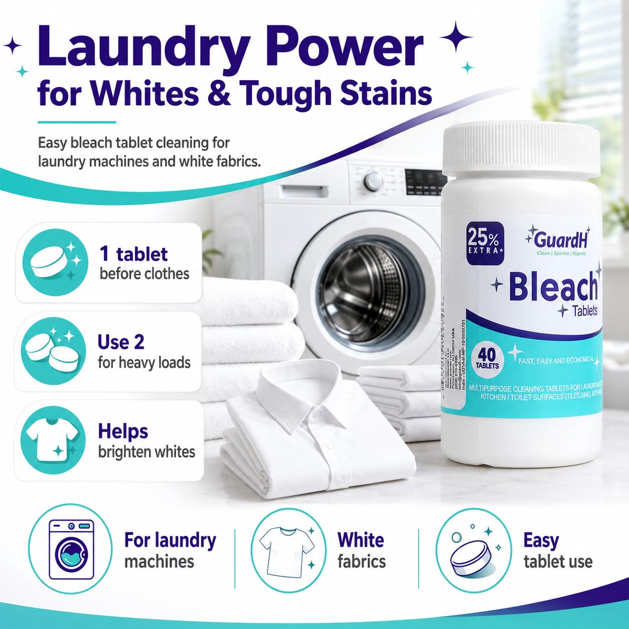 Bleach Tablets for Laundry & Household Cleaning - 40 Count Fast Dissolving Bleach Tabs for Washer, Toilet, Bathroom & Kitchen - Liquid Bleach