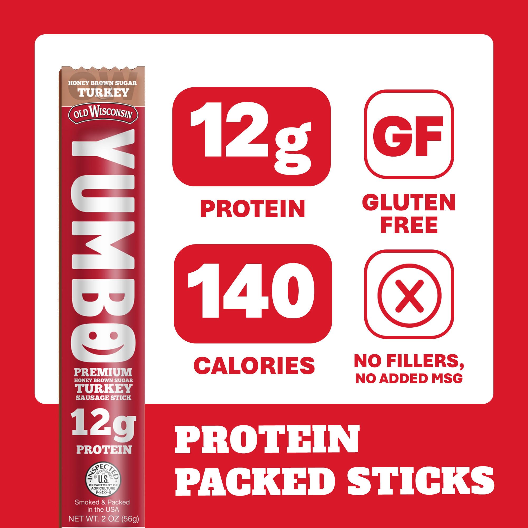 YUMBO Honey Brown Sugar Turkey Sticks, High Protein Snacks, Gluten-Free, Low Carb, Keto, Ready-to-Eat, 2 oz Sticks, 20 Count Pack