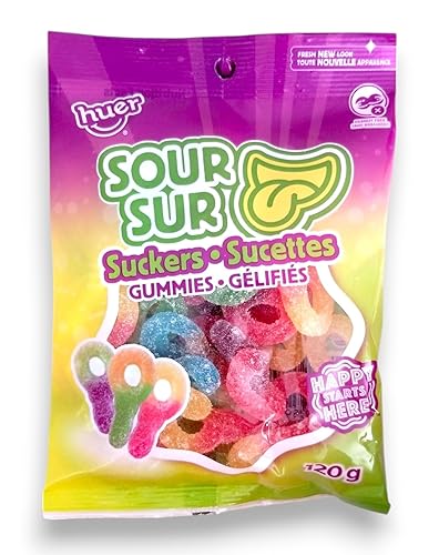 Huer Sour Suckers Gummy Candy, 120g/4.2 oz., Peg Bag, {Imported from Canada}, 1