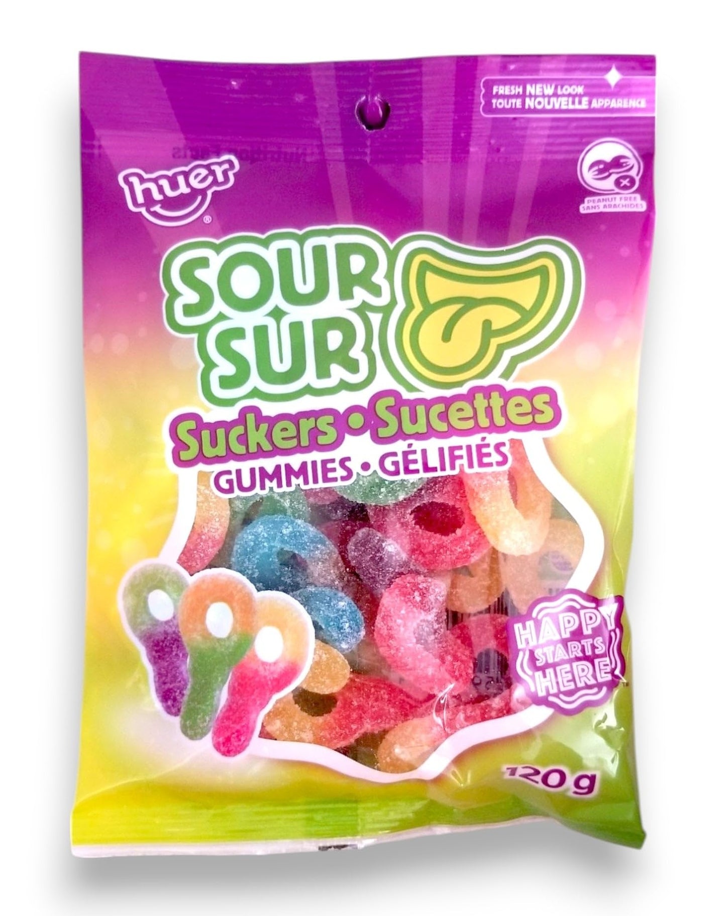 Huer Sour Suckers Gummy Candy, 120g/4.2 oz., Peg Bag, {Imported from Canada}, 1