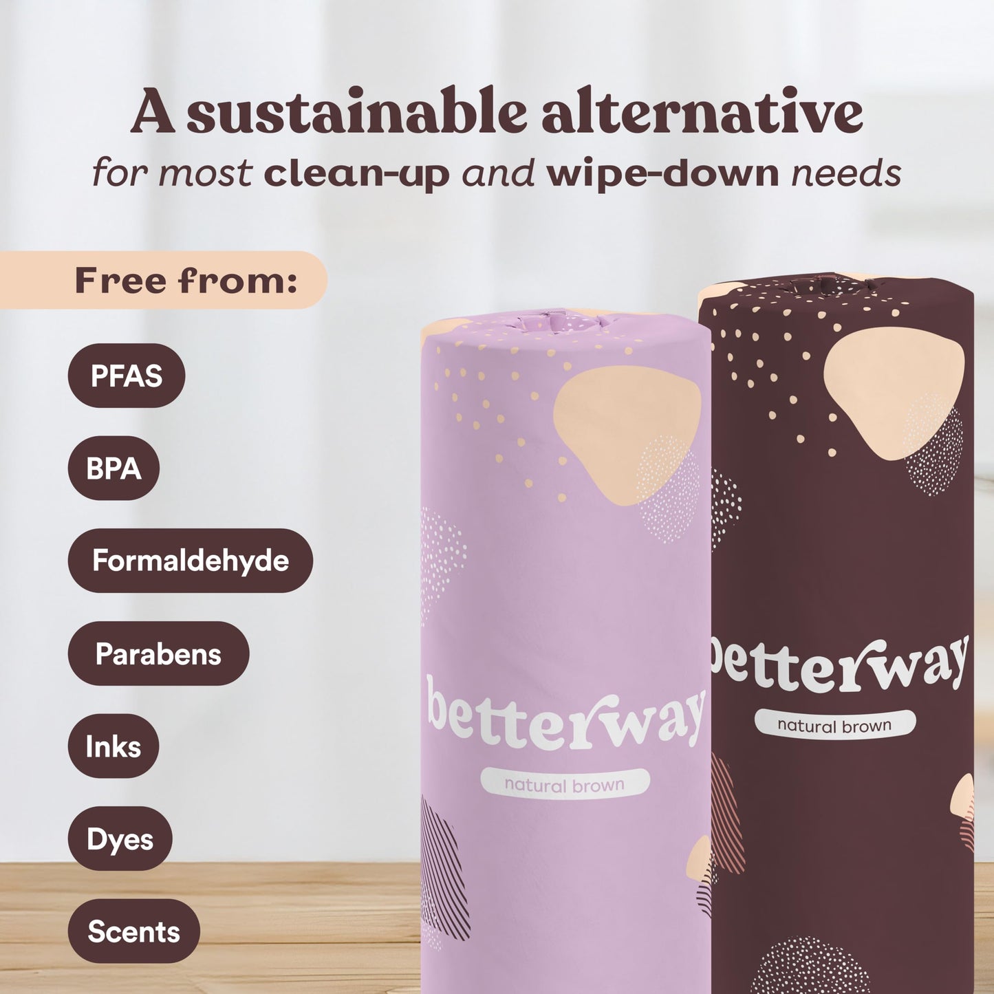 Betterway Bamboo Natural Brown Paper Towels - 8 Rolls, 2 Ply, 110 sheets - Plastic Free, PFAS Free, Disposable Kitchen Paper Towels - Select Size