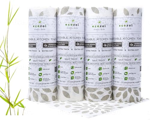 Ecozoi Bamboo Rayon Reusable Towels - 4 Pack | Equivalent to 80 Regular Rolls | 70% Rayon from Bamboo and 30% Cotton Kitchen Paper Rolls | 50 Times