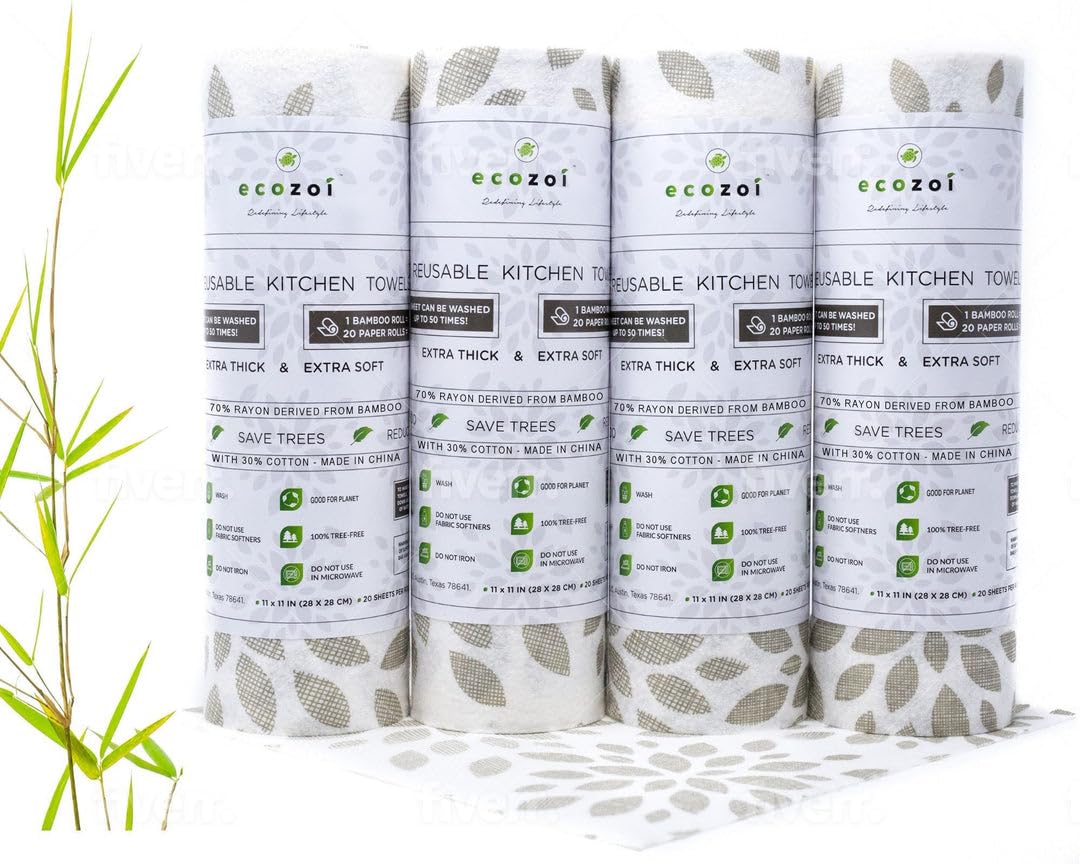 Ecozoi Bamboo Rayon Reusable Towels - 4 Pack | Equivalent to 80 Regular Rolls | 70% Rayon from Bamboo and 30% Cotton Kitchen Paper Rolls | 50 Times
