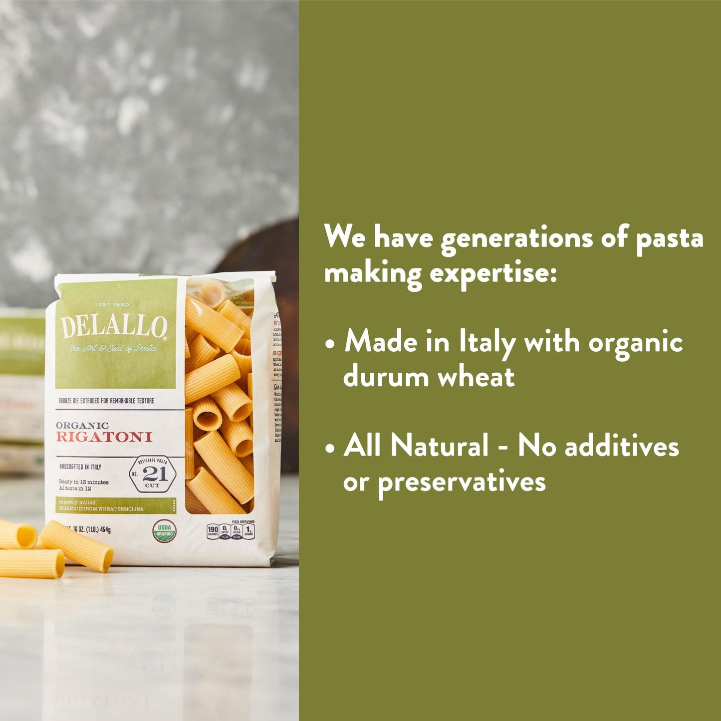 DeLallo Organic Rigatoni Pasta, Made with 100% Semolina Durum Wheat Flour, Bronze Cut, Made in Italy, Non-GMO, Preservative Free, Large Tube Pasta