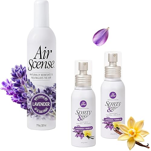 Air Scense Essential Oil Air Freshener 3?Pack - Very Lavender Bundle with 7oz Lavender and 2 Lavender Vanilla Spray & Go