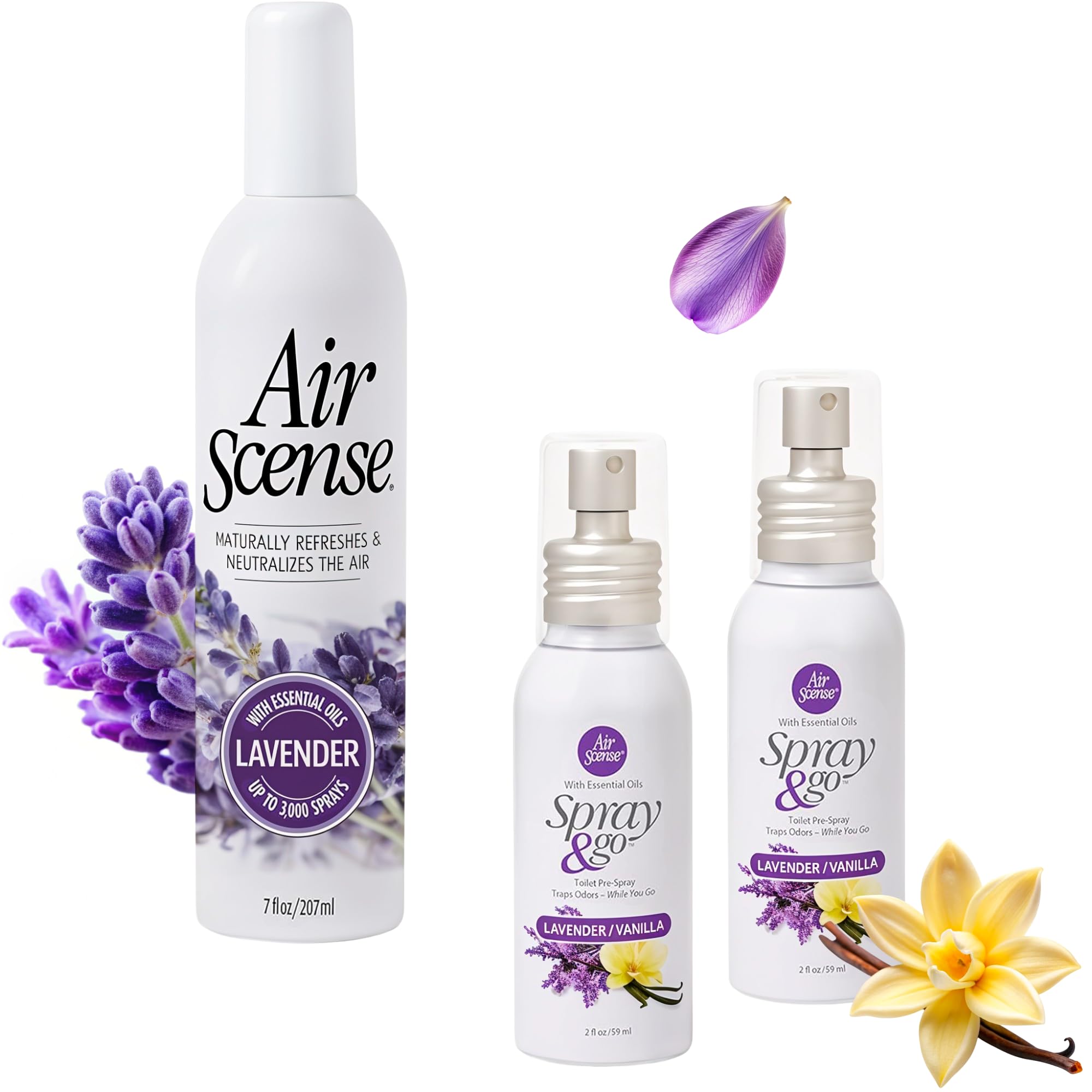 Air Scense Essential Oil Air Freshener 3?Pack - Very Lavender Bundle with 7oz Lavender and 2 Lavender Vanilla Spray & Go