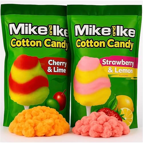 Mike and Ike Cotton Candy, Cherry Lime and Strawberry Lemon Flavors, Soft Fluffy Sugar Floss, 2 Pack