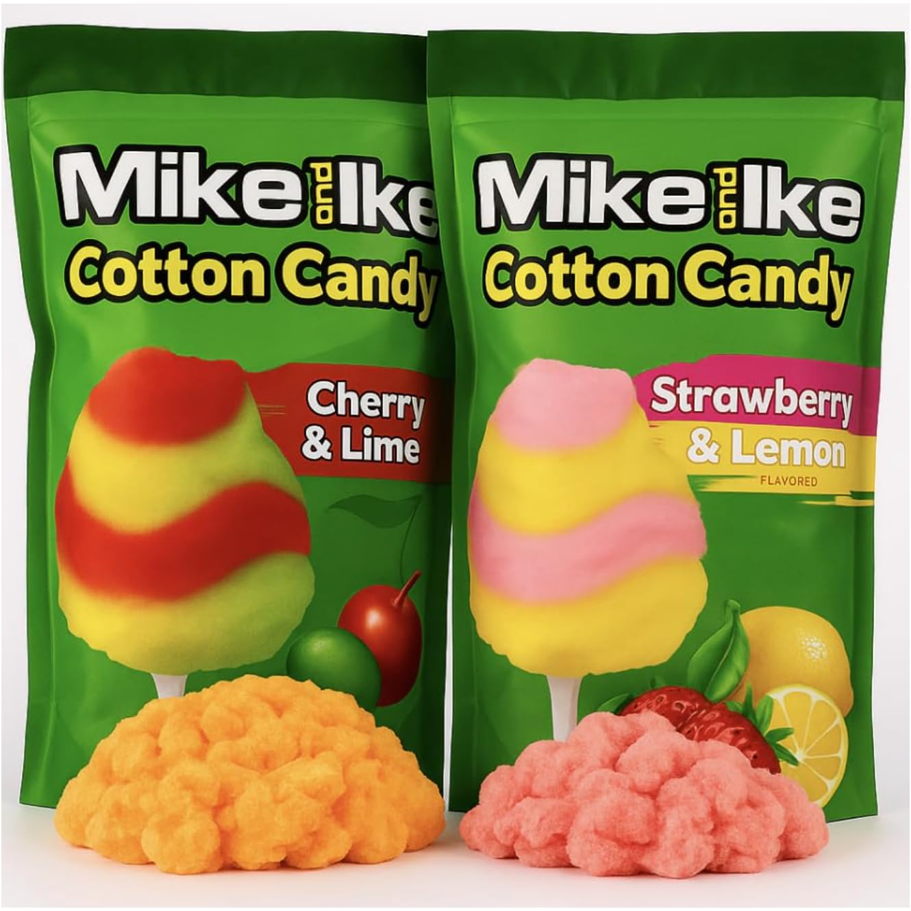 Mike and Ike Cotton Candy, Cherry Lime and Strawberry Lemon Flavors, Soft Fluffy Sugar Floss, 2 Pack