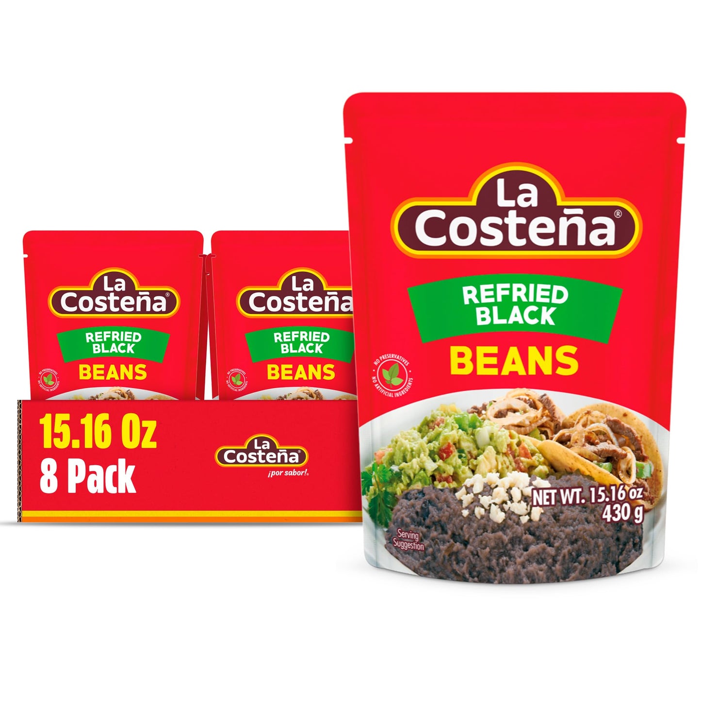 La Costeña Refried Black Beans - 60 Second Microwave Ready to Eat Meals for Mexican Food, Mexican Rice, Nacho Bean Dip, Bean Burrito, Burger, Carne