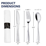 Party Essentials Party Supplies Wrapped Silverware Set Disposable, Pre Rolled Napkin and Cutlery, Spoons/Forks/Knives Silver, 50 Units