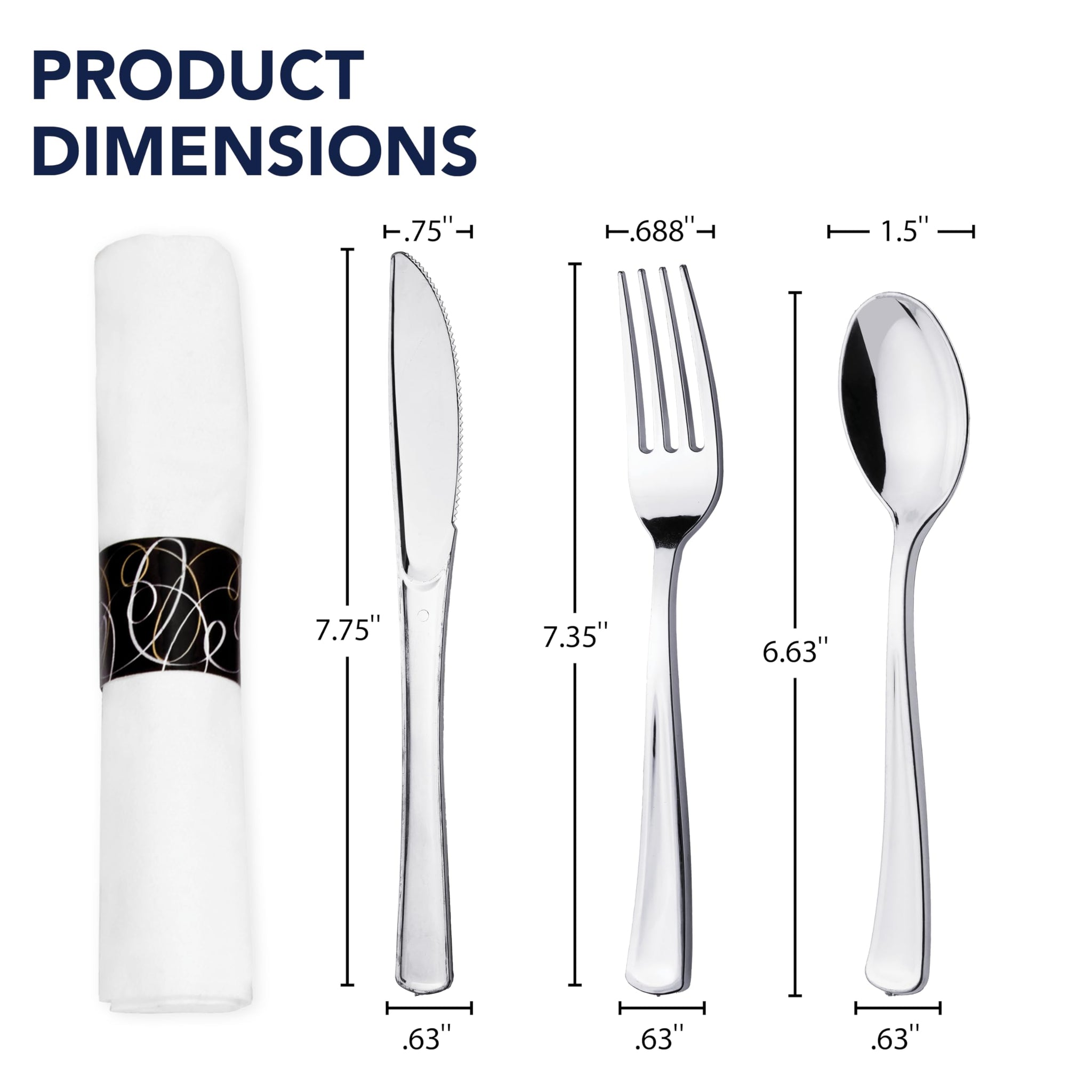 Party Essentials Party Supplies Wrapped Silverware Set Disposable, Pre Rolled Napkin and Cutlery, Spoons/Forks/Knives Silver, 50 Units