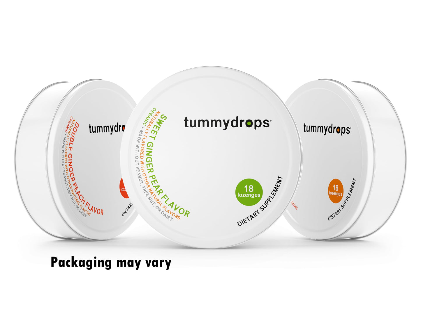 Tummydrops Organic Ginger Goodness Pack (1 tin each Spicy Ginger, Sweet Ginger Pear, & Double Ginger Peach). Gluten Free & Vegan. 54 Individually