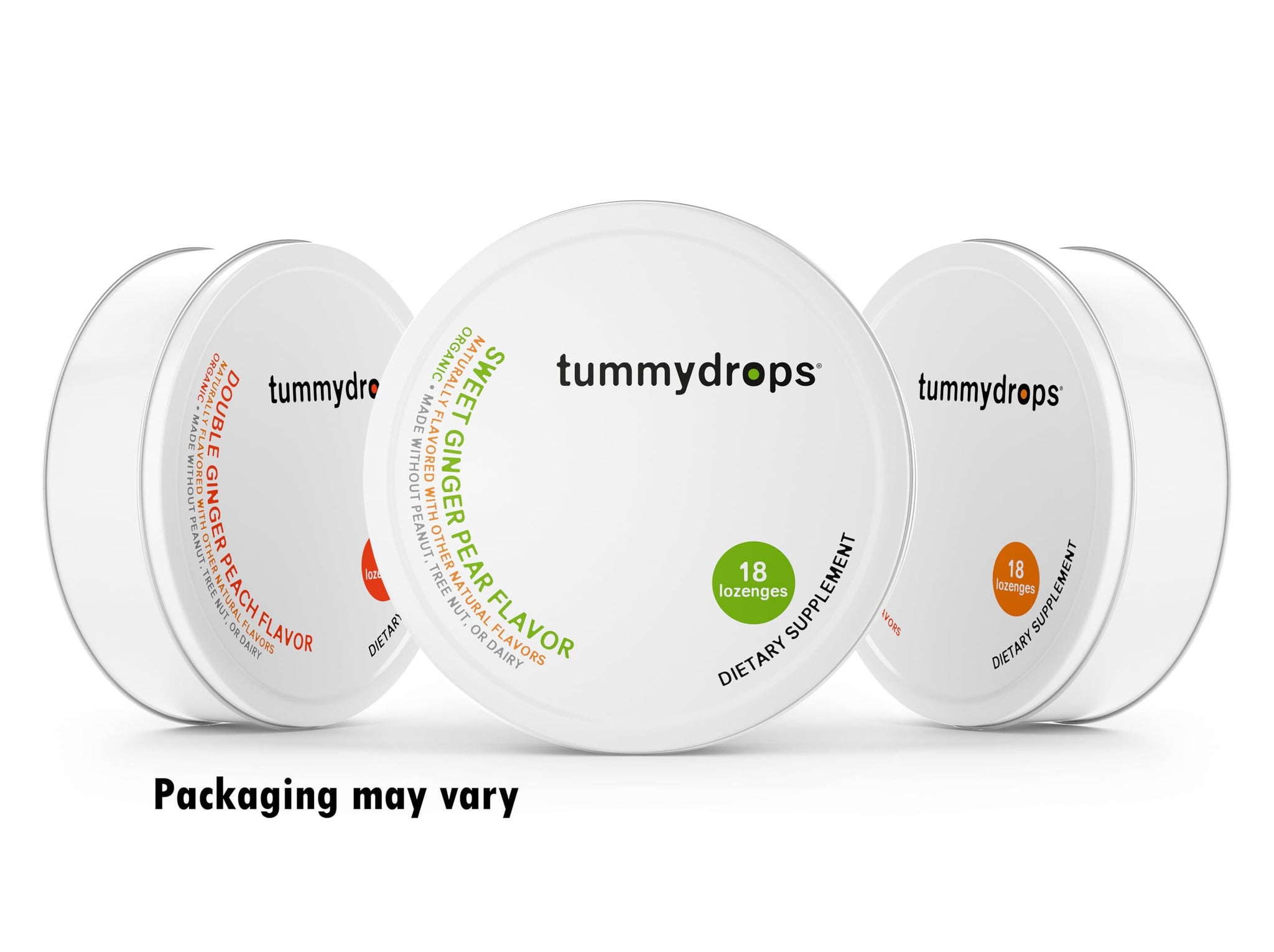 Tummydrops Organic Ginger Goodness Pack (1 tin each Spicy Ginger, Sweet Ginger Pear, & Double Ginger Peach). Gluten Free & Vegan. 54 Individually
