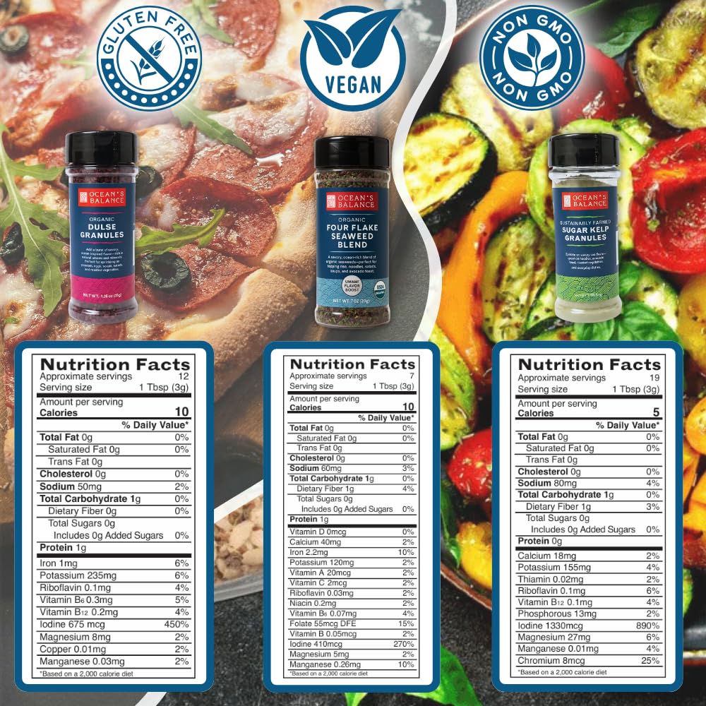 Ocean’s Balance Complete Seasoning Collection - Gourmet Seaweed Seasonings with Spicy, Truffle, Bonito, Four Flake Blend, Dulse Granules & Kelp