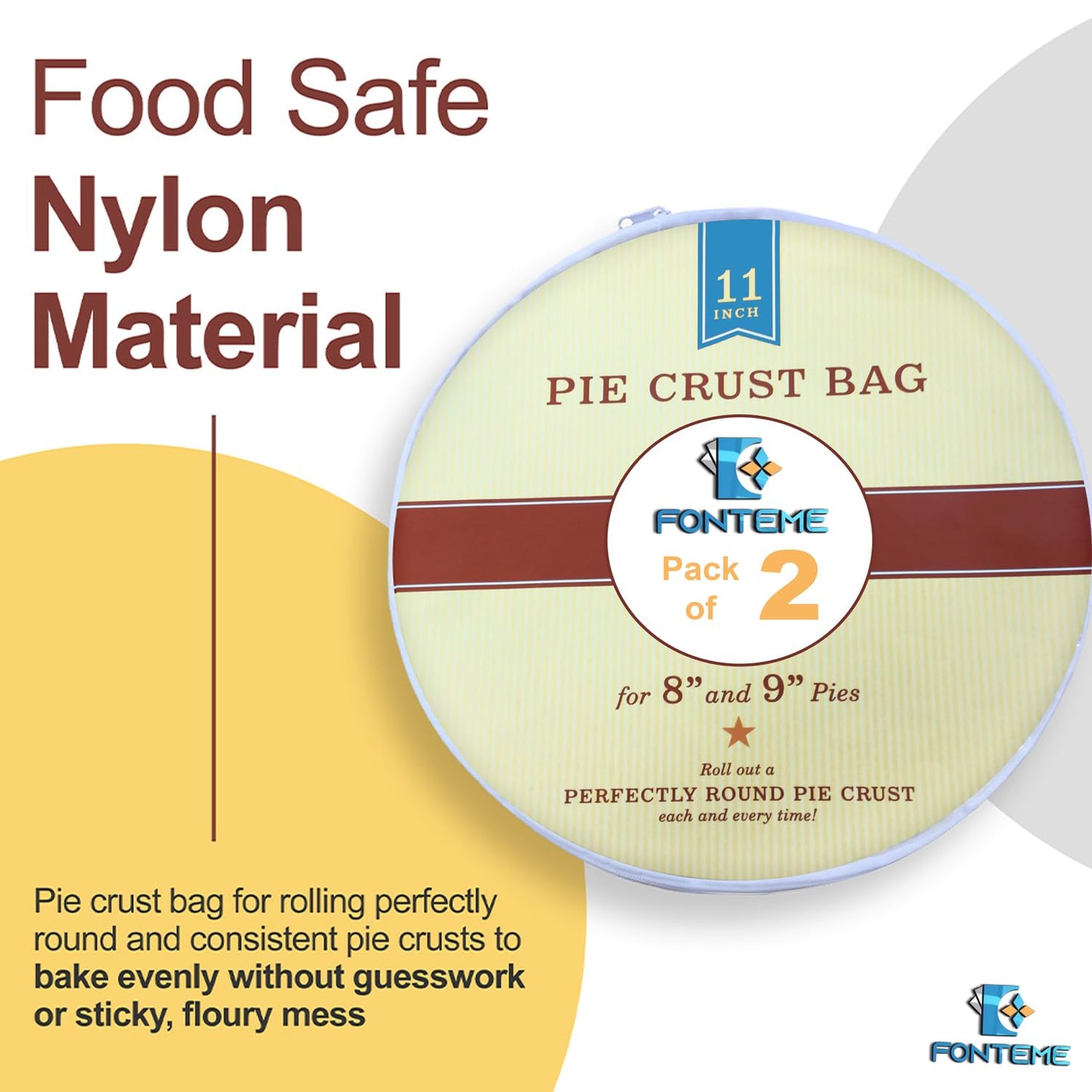 Fonteme Plastic Pie Crust Dough Rolling Bag - Set of 2 (11") | Non-Stick Mess Free Pie Crust Dough Shaper, Cookie, Pastry, Pizza, and Pasta Doug