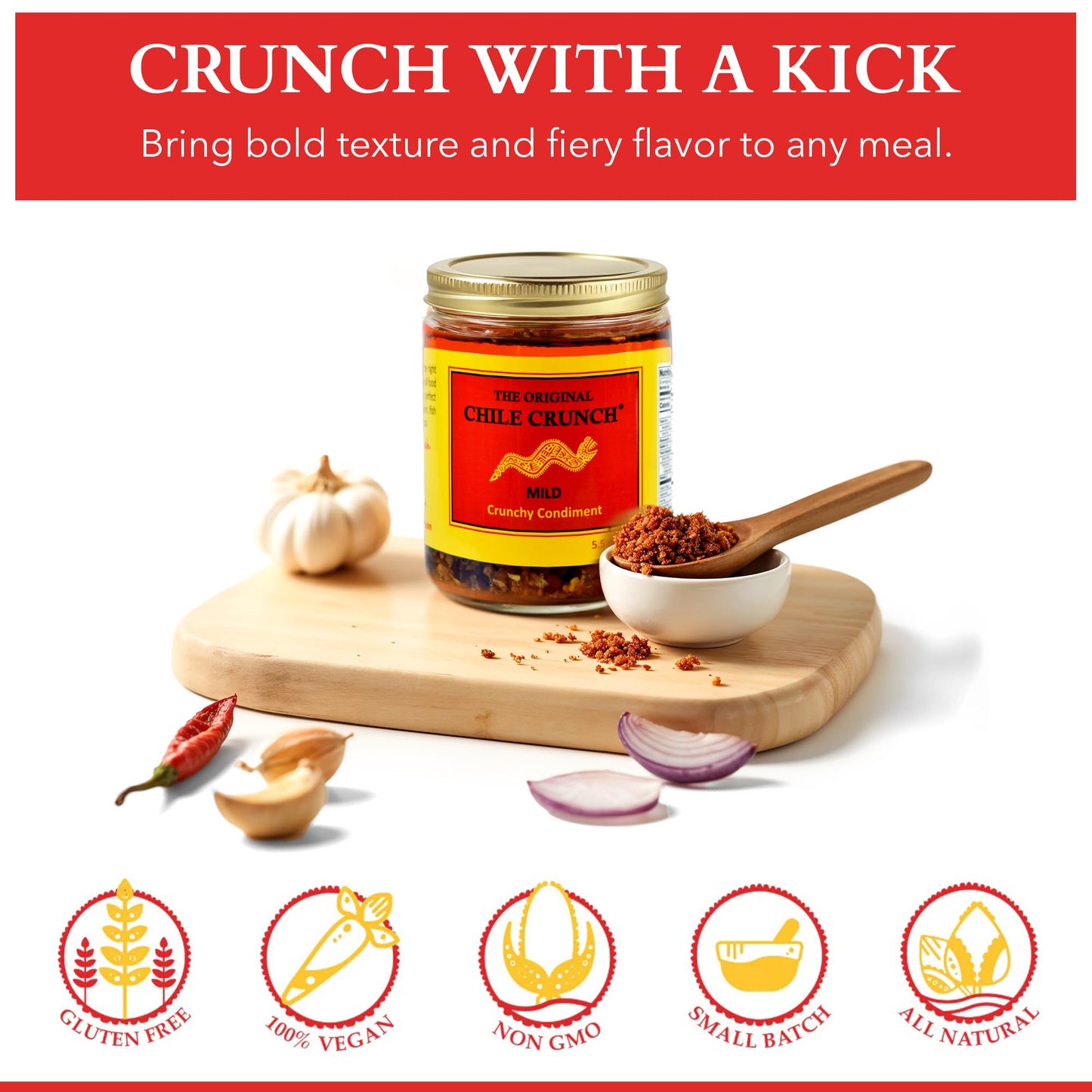 CHILE CRUNCH - Mild Spicy Crunchy Condiment - All Natural Roasted Chili Peppers, Garlic & Onion Crisp Sauce - Vegan, Gluten-Free, No Preservatives