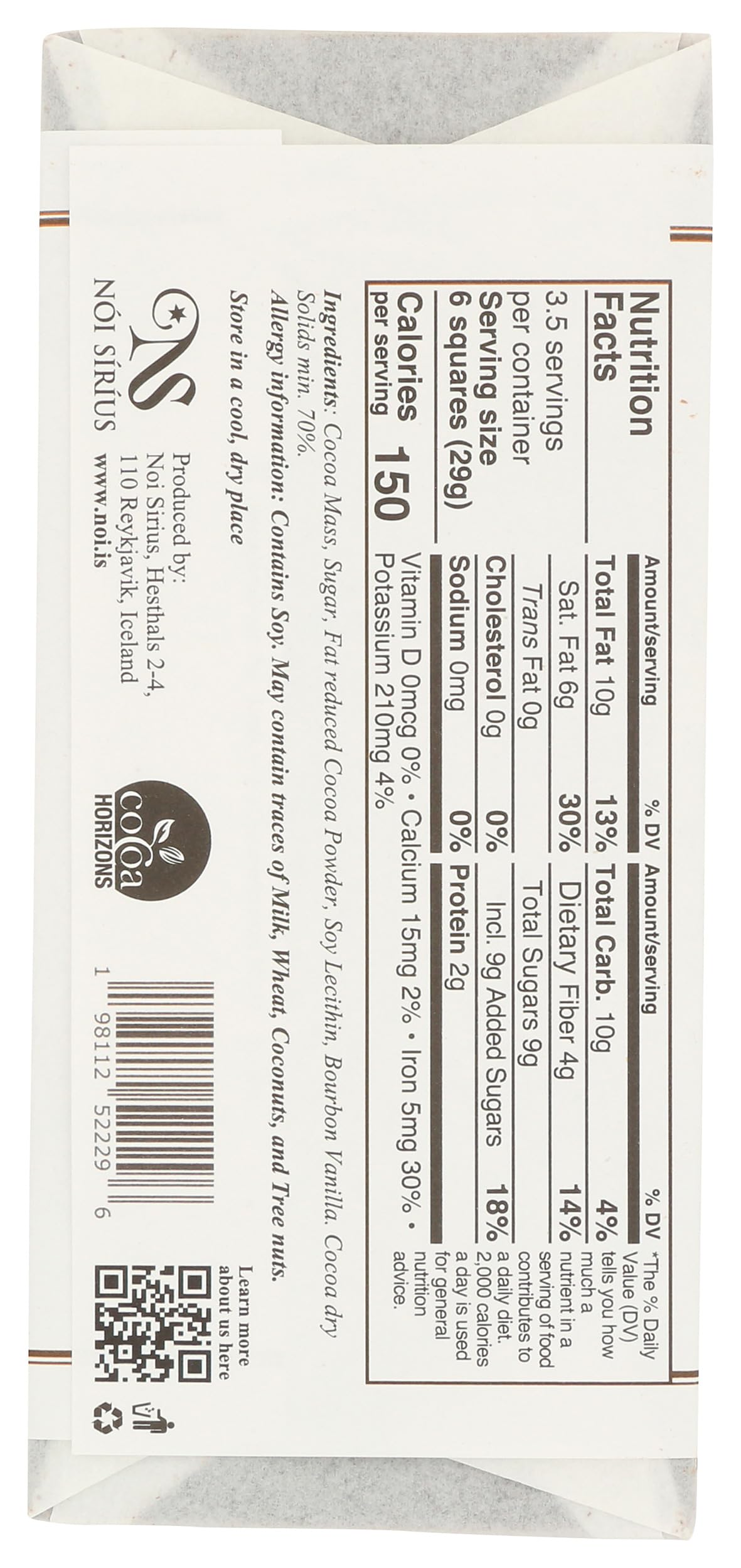 NOI SIRIUS, 70% Dark Chocolate Bar, 3.53 Ounce