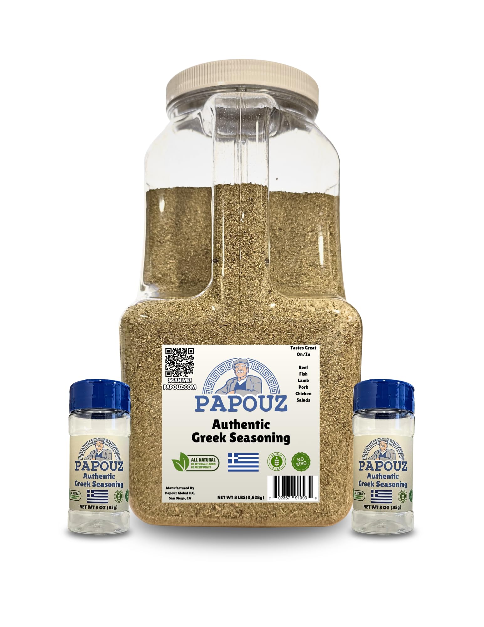 Papouz Authentic Greek Seasoning and Rub Blend 8 Pound Bulk with 2 Refill Bottles - with Herbs and Other Spices - Spice Mix for Chicken, Potatoes