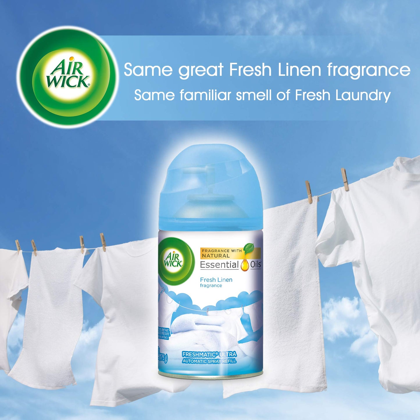 Air Wick Freshmatic 4 Refills Automatic Spray, Fresh Linen, 4ct, New Look, Same familiar smell of Fresh Laundry, Essential Oil, Odor Neutralization