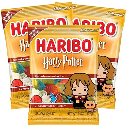 Haribo Pack of 3 Hermione Harry Potter Halloween Gummy Candy 4 oz Fruity Chewy Treats with Wizarding World Shapes Party Favors