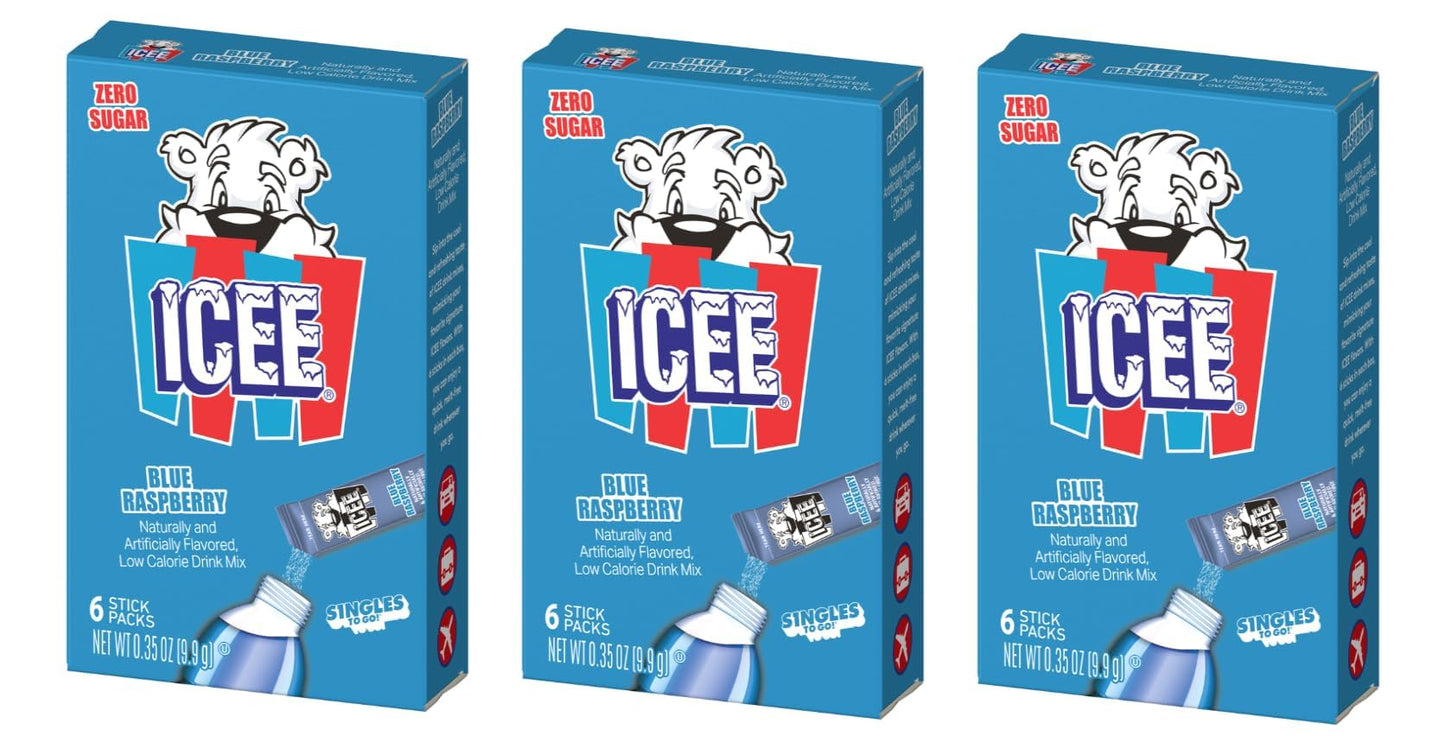 ICEE Blue Raspberry Singles To Go - Pack of 3 - Powdered Drink Mix - Zero Sugar - 6 Sticks Per Box - 18 Servings