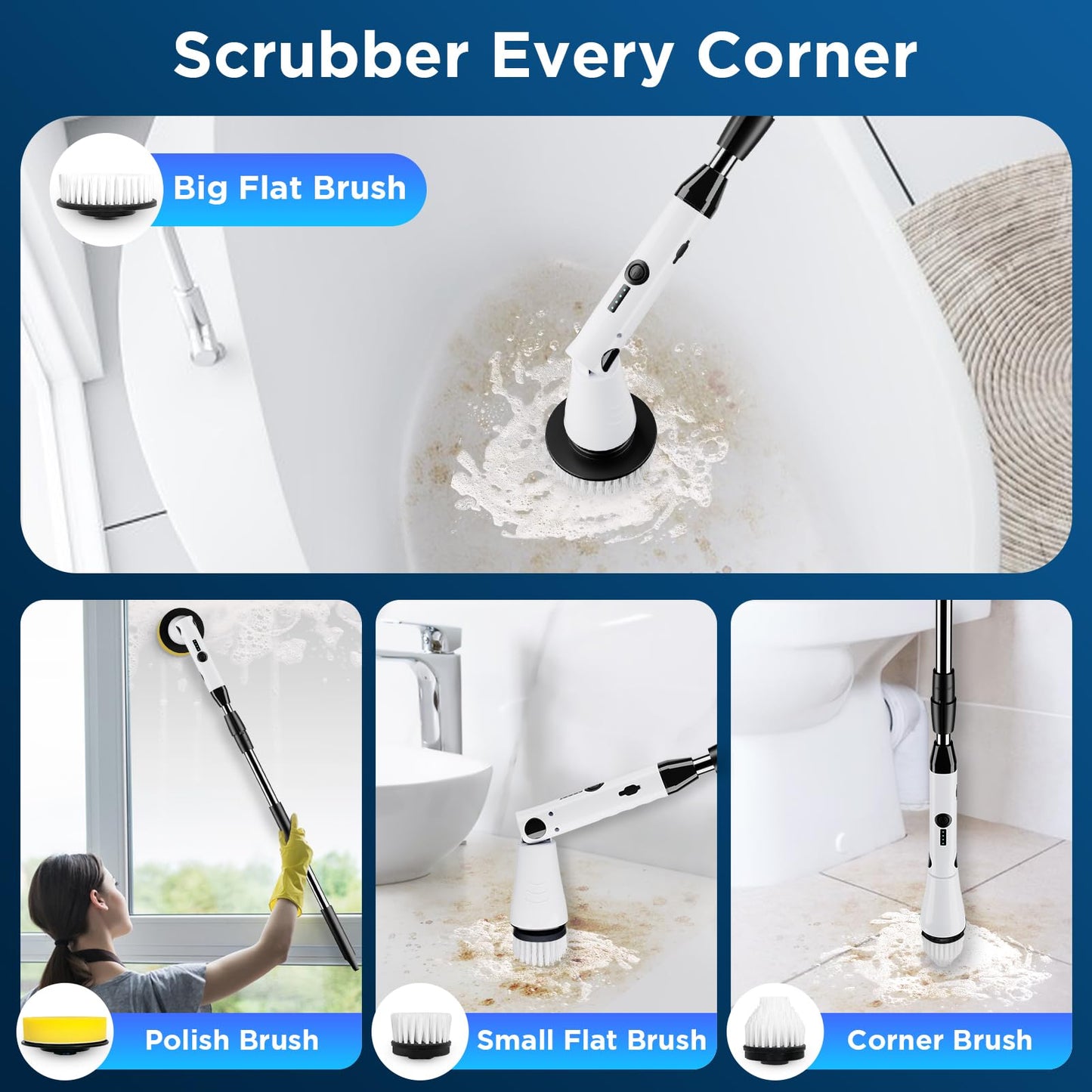 Electric Spin Scrubber, Bathroom Cleaner, Power Shower Cleaning Brush with Extendable Handle & 4 Brush Heads, Shower Scrubber for Bathtub Tile Grout