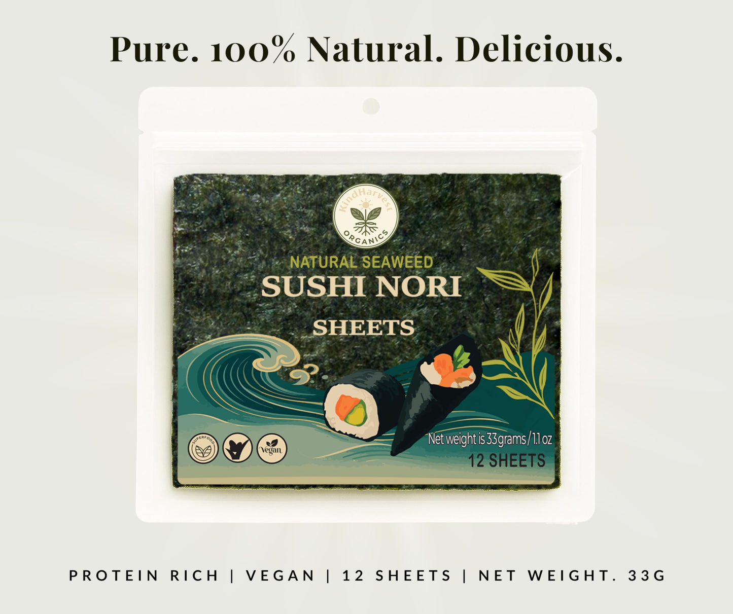 Kindharvest Organics Sushi Nori Sheets - Roasted Seaweed Sheets, 12 Sheets (33g), Premium Grade, Crispy Texture, Rich Umami, Keto, Vegan, Gluten-Free