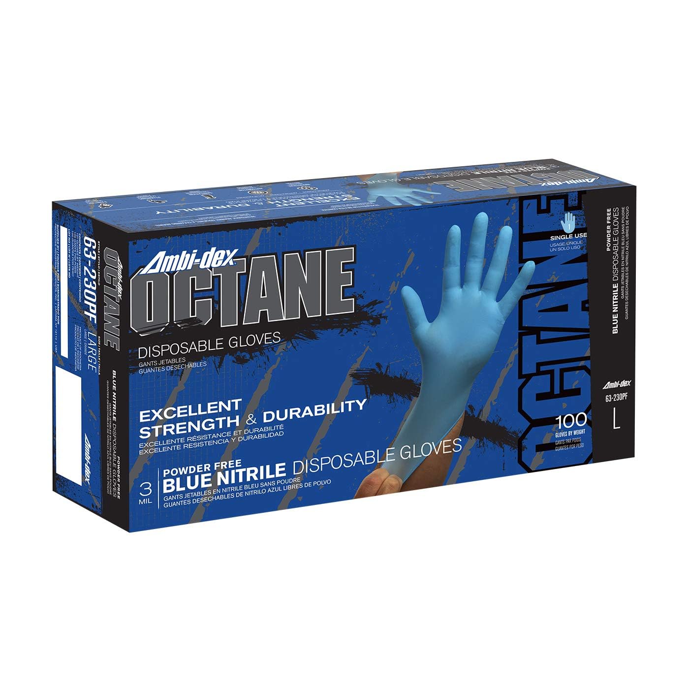 Ambi-dex Octane Disposable Nitrile Glove, Powder Free with Textured Grip 3 mil 63-230PF Blue L