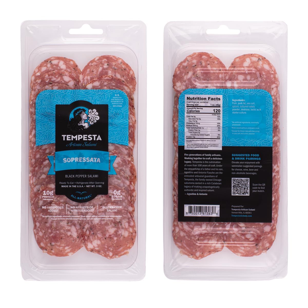 Tempesta SOPRESSATA Black Pepper Salami, 3 OZ (Pack of 6)