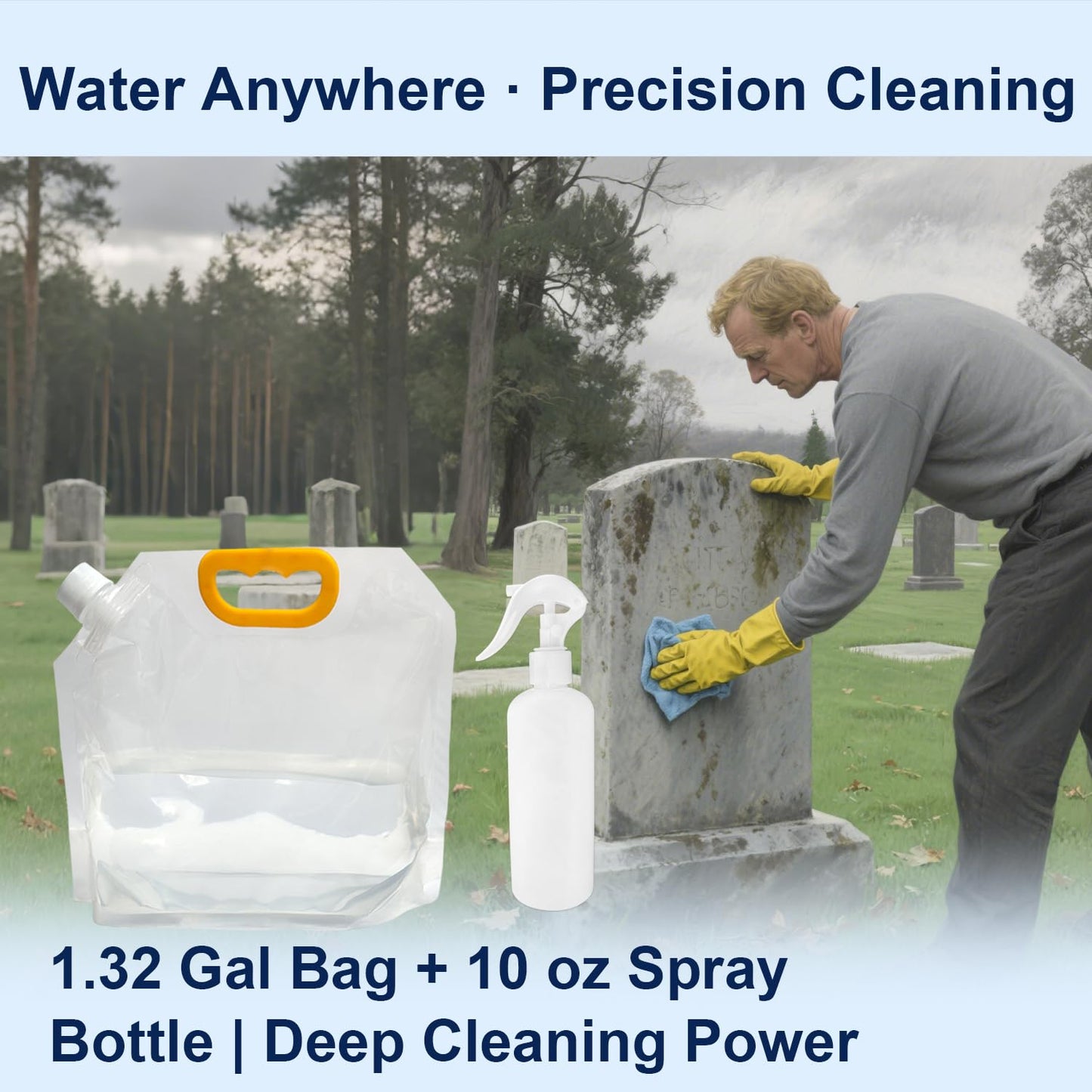 10 Pcs Reusable Tombstone Cleaner Kit for Grave Cleaning Includes Oversize 1.3 Gal Water Bag, Scraper, Brushes, Sponge, Towel, Gloves - Professional