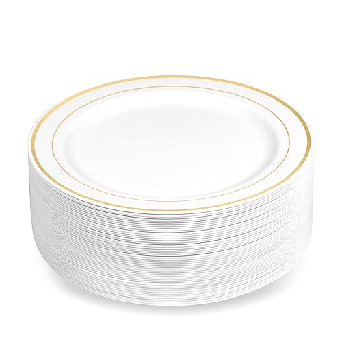 BloominGoods 50 Plastic Disposable Dessert/Appetizer Plates | 7.5 inches White with Gold Rim Real China Look | Ideal for Weddings, Parties, Catering |