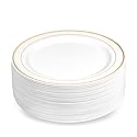 BloominGoods 50 Plastic Disposable Dessert/Appetizer Plates | 7.5 inches White with Gold Rim Real China Look | Ideal for Weddings, Parties, Catering |