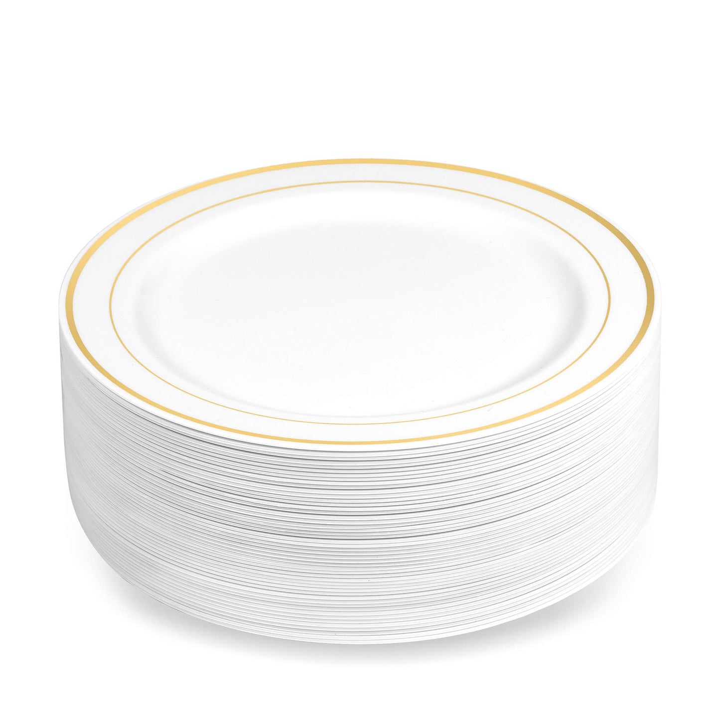 BloominGoods 50 Plastic Disposable Dessert/Appetizer Plates | 7.5 inches White with Gold Rim Real China Look | Ideal for Weddings, Parties, Catering |