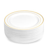 BloominGoods 50 Plastic Disposable Dessert/Appetizer Plates | 7.5 inches White with Gold Rim Real China Look | Ideal for Weddings, Parties, Catering |