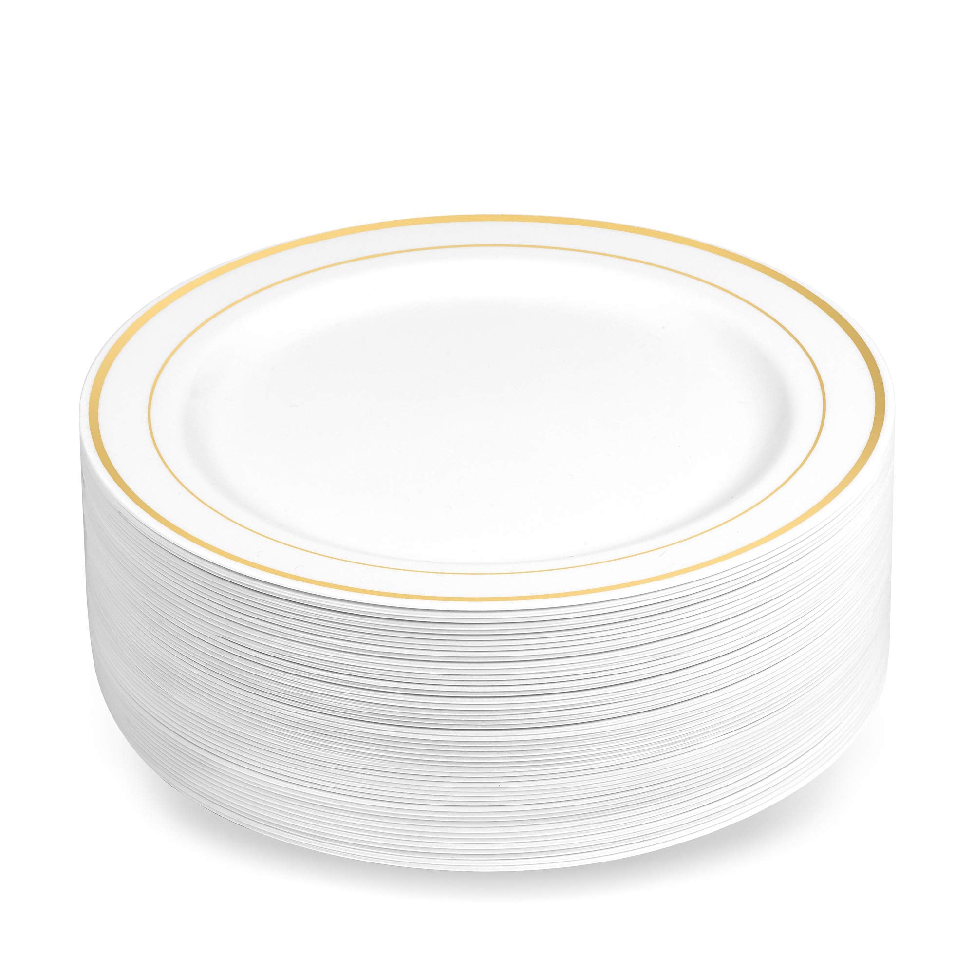 BloominGoods 50 Plastic Disposable Dessert/Appetizer Plates | 7.5 inches White with Gold Rim Real China Look | Ideal for Weddings, Parties, Catering |
