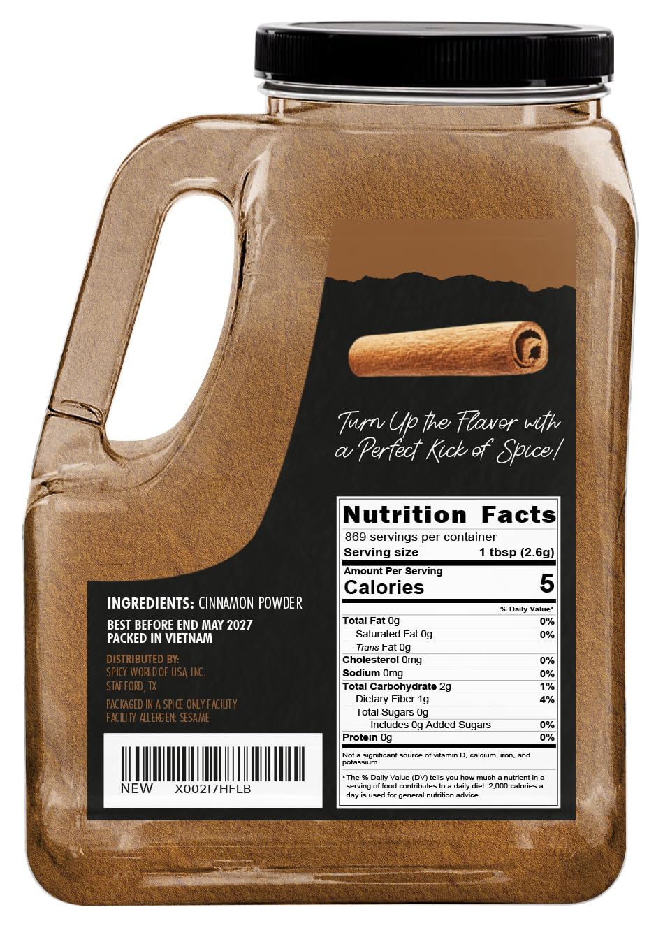 Spicy World Cinnamon Powder 5 LB Jar - Lab Tested for Lead - Ground Cassia Cinnamon Bulk, Great Authentic Spice for Coffee, Tea, Baking & Oatmeal