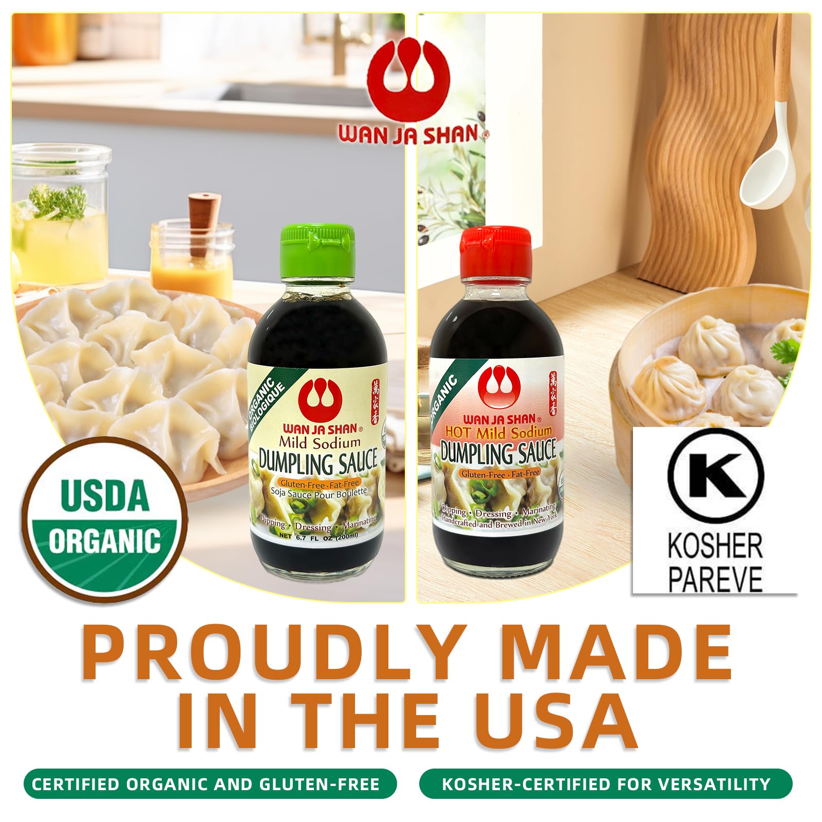 Wan Ja Shan Organic Dumpling Sauce 6.7 Oz, Pack of 4, GLUTEN FREE, FAT FREE, MILD SODIUM Great for Dumpling Dipping-Gyoza Dipping, MADE IN USA