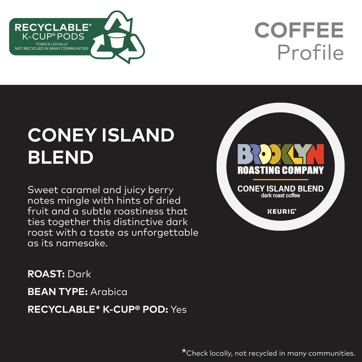 Brooklyn Roasting Company Coney Island Blend, Single Serve Keurig K-Cup Pods, Dark Roast Coffee, 10-Count Box