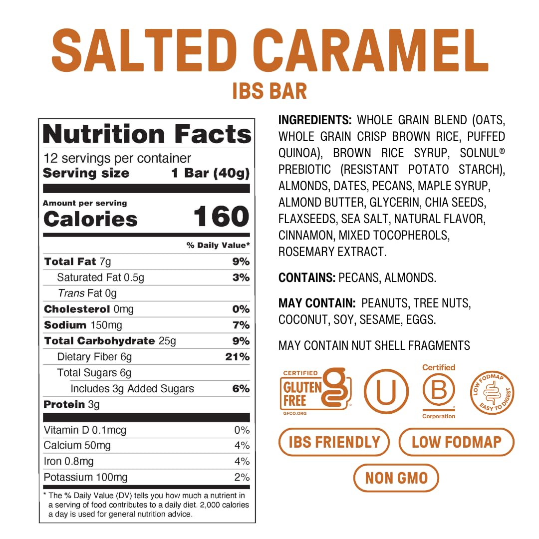 Fody Foods IBS Snack Bars, Salted Caramel, 1.41 Oz (Pack of 12), 6g Prebiotic Fiber, Low FODMAP, Gut & IBS Friendly, Lactose Free, Non-GMO, Gluten