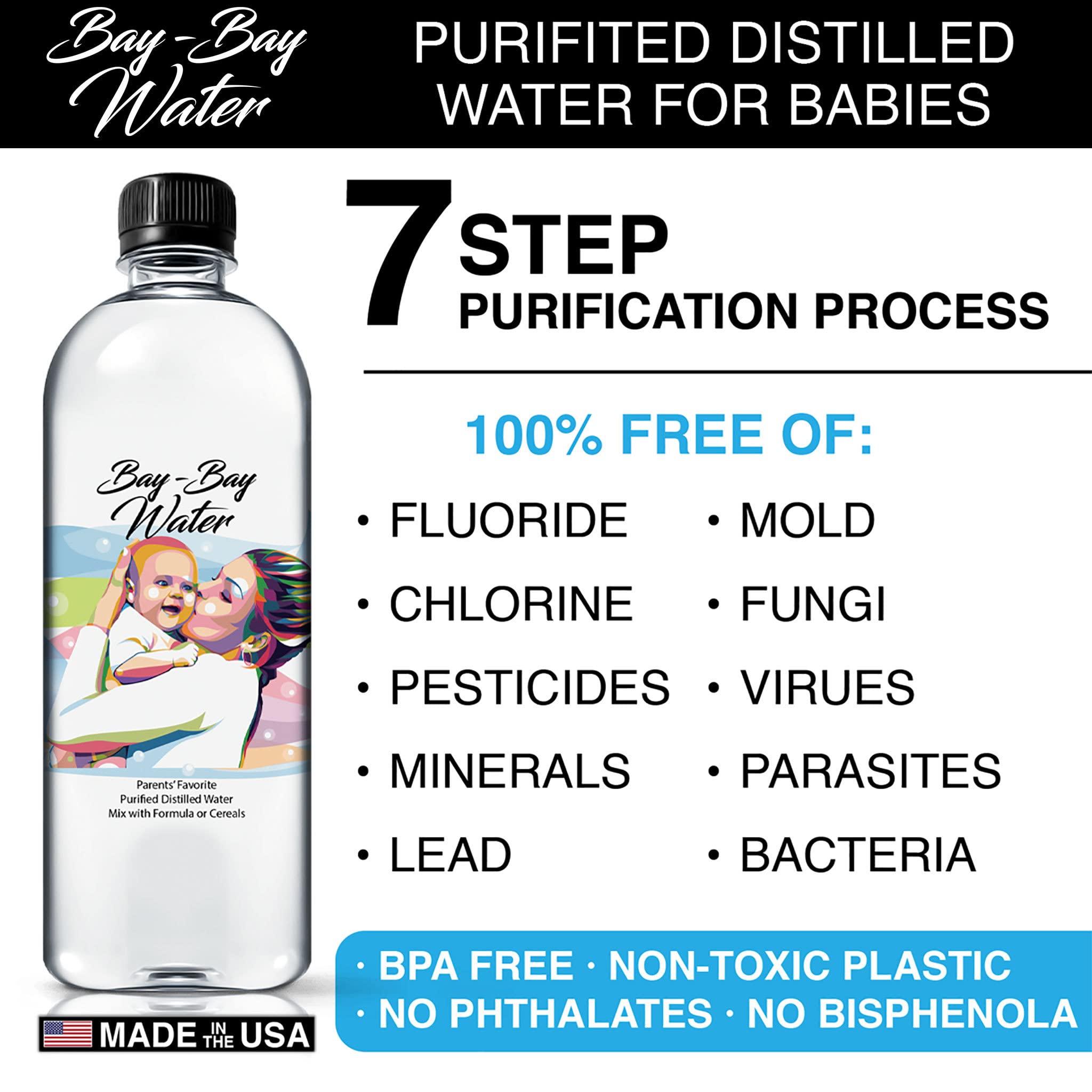 Bay Bay Water - Purified Distilled Water for Babies - 16.9 oz. - Use for Everyday Drinking, Infant Formula, Milk, and Baby Cereal - BPA Free - No