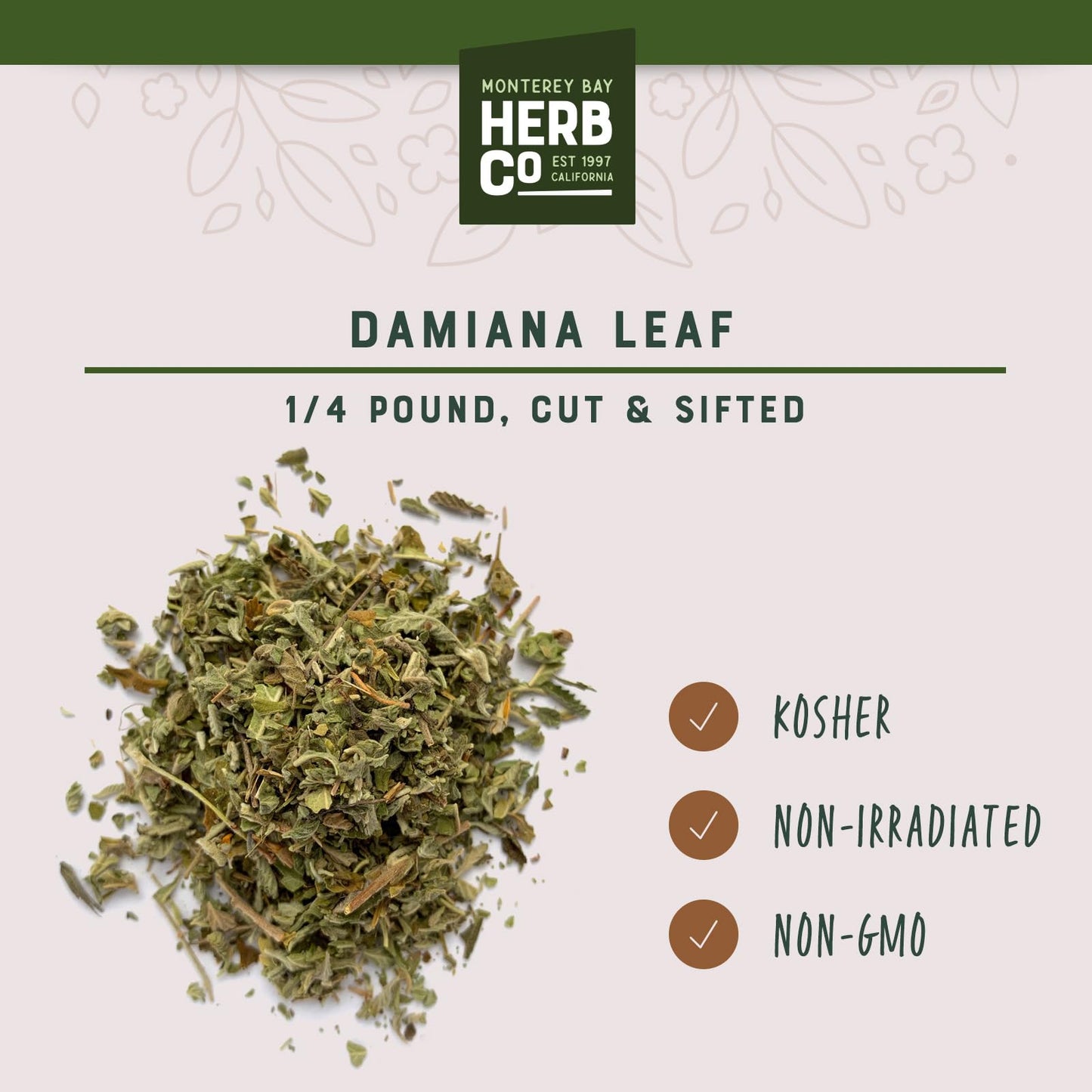 Damiana Leaf Cut & Sifted, by Herb Co, Turnera diffusa, Old Woman's Broom, from Mexico, Kosher, for Herbal Tea Blends, Salads, Soups & Cooked