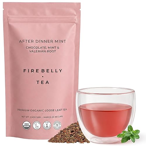 Firebelly Tea After Dinner Mint, Organic Chocolate & Mint Tea with Valerian Root for Sleep, Loose Leaf Herbal Drink, Caffeine-Free, For Relaxing