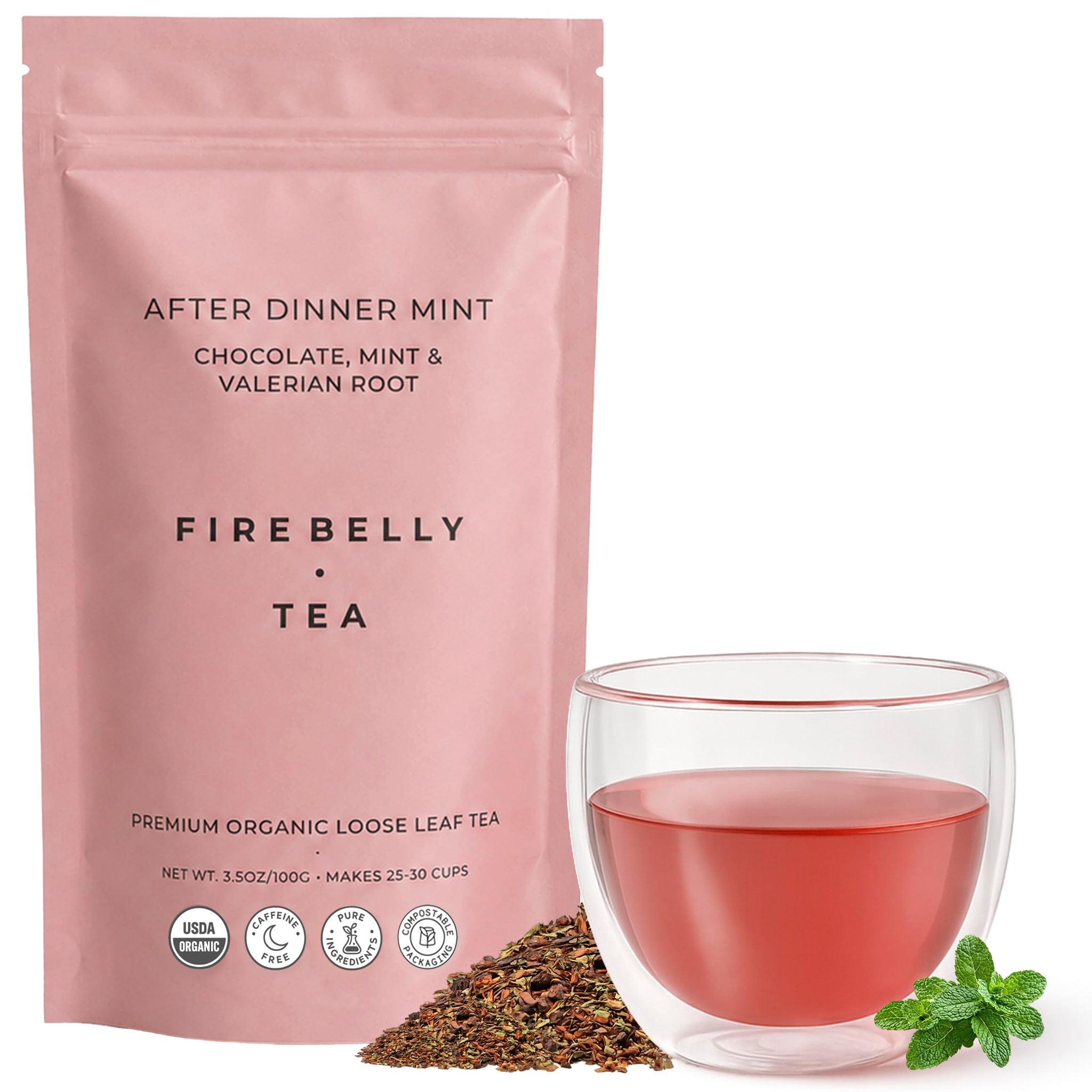 Firebelly Tea After Dinner Mint, Organic Chocolate & Mint Tea with Valerian Root for Sleep, Loose Leaf Herbal Drink, Caffeine-Free, For Relaxing