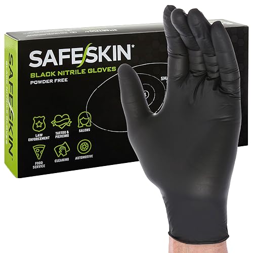 SAFESKIN Black Nitrile Disposable Gloves Powder Free Latex Free Tattoo, Food Prep, Auto Salons, Cleaning, Law Enforcement, 3.5 mil, Size Large, Box