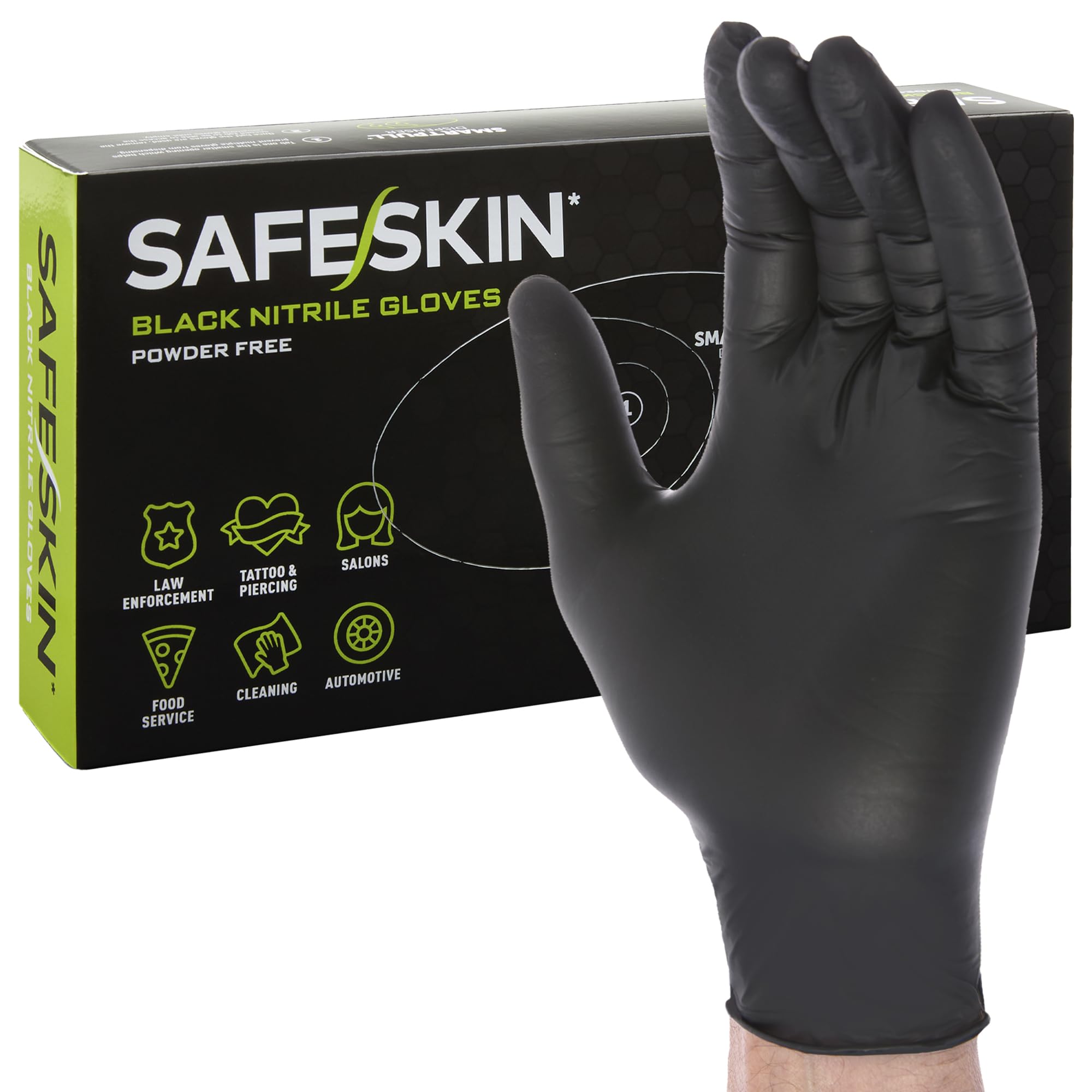 SAFESKIN Black Nitrile Disposable Gloves Powder Free Latex Free Tattoo, Food Prep, Auto Salons, Cleaning, Law Enforcement, 3.5 mil, Size Large, Box