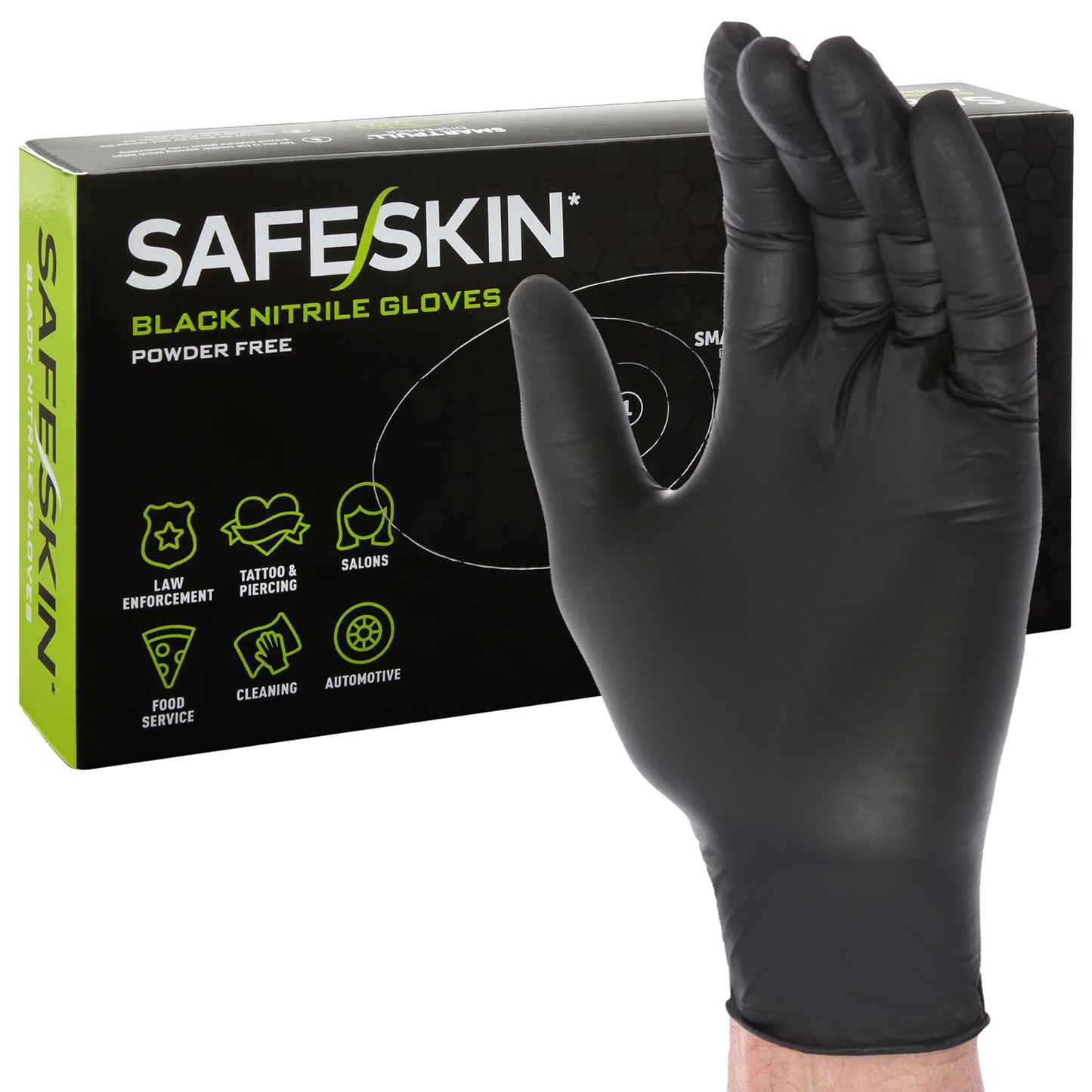 SAFESKIN Black Nitrile Disposable Gloves Powder Free Latex Free Tattoo, Food Prep, Auto Salons, Cleaning, Law Enforcement, 3.5 mil, Size Medium, Box