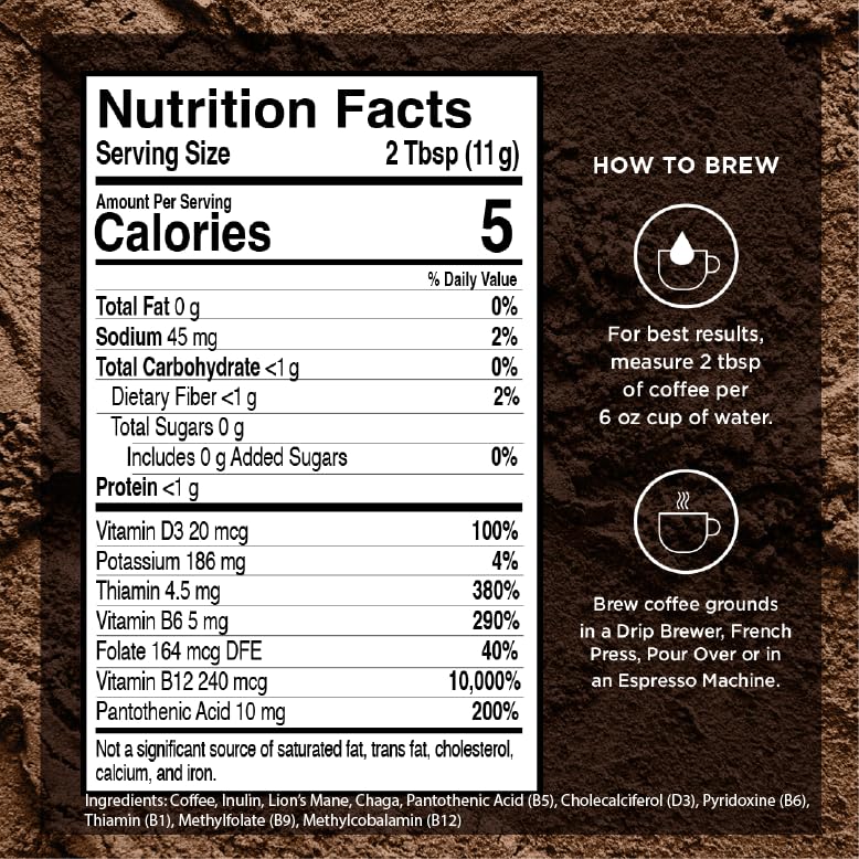 VitaCup Mushroom Coffee Grounds, with Lions Mane, Chaga, B Vitamins, D3, Boost Focus, Immunity, Memory & Clarity, Medium Dark Roast, 100% Arabica